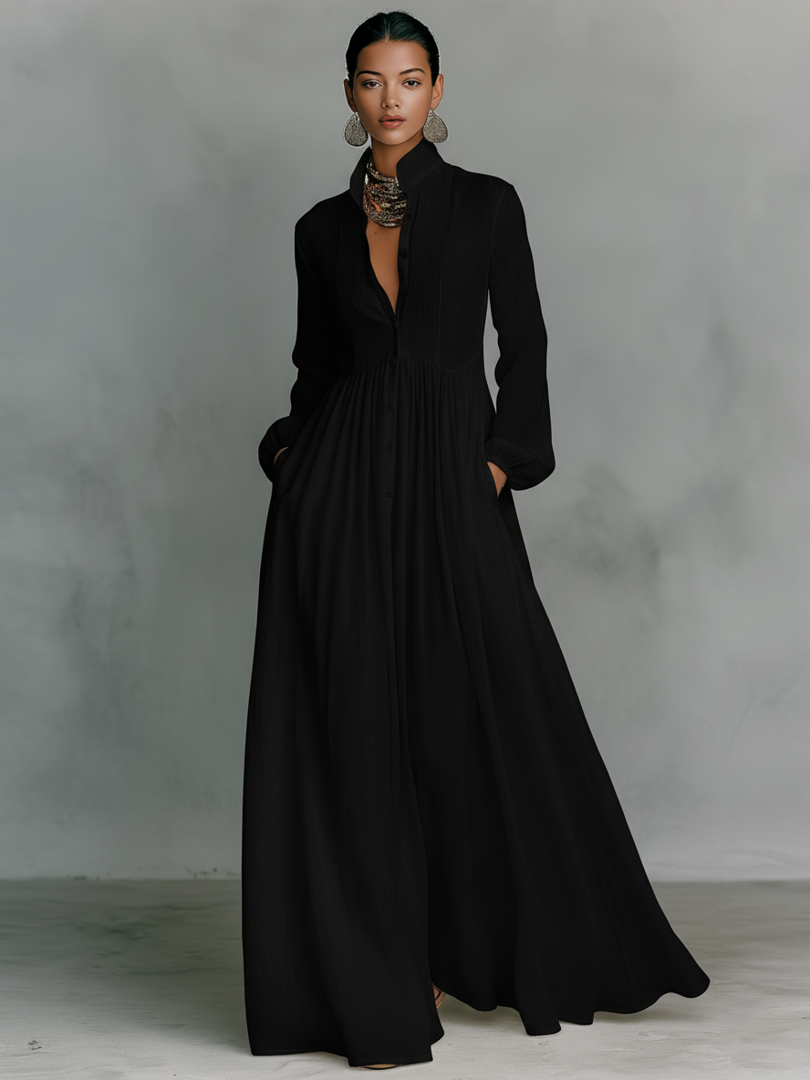 Vestido Maxi Minimalista de Algodón y Lino con Patchwork, Cuello Alto y Manga Larga - imagen 6