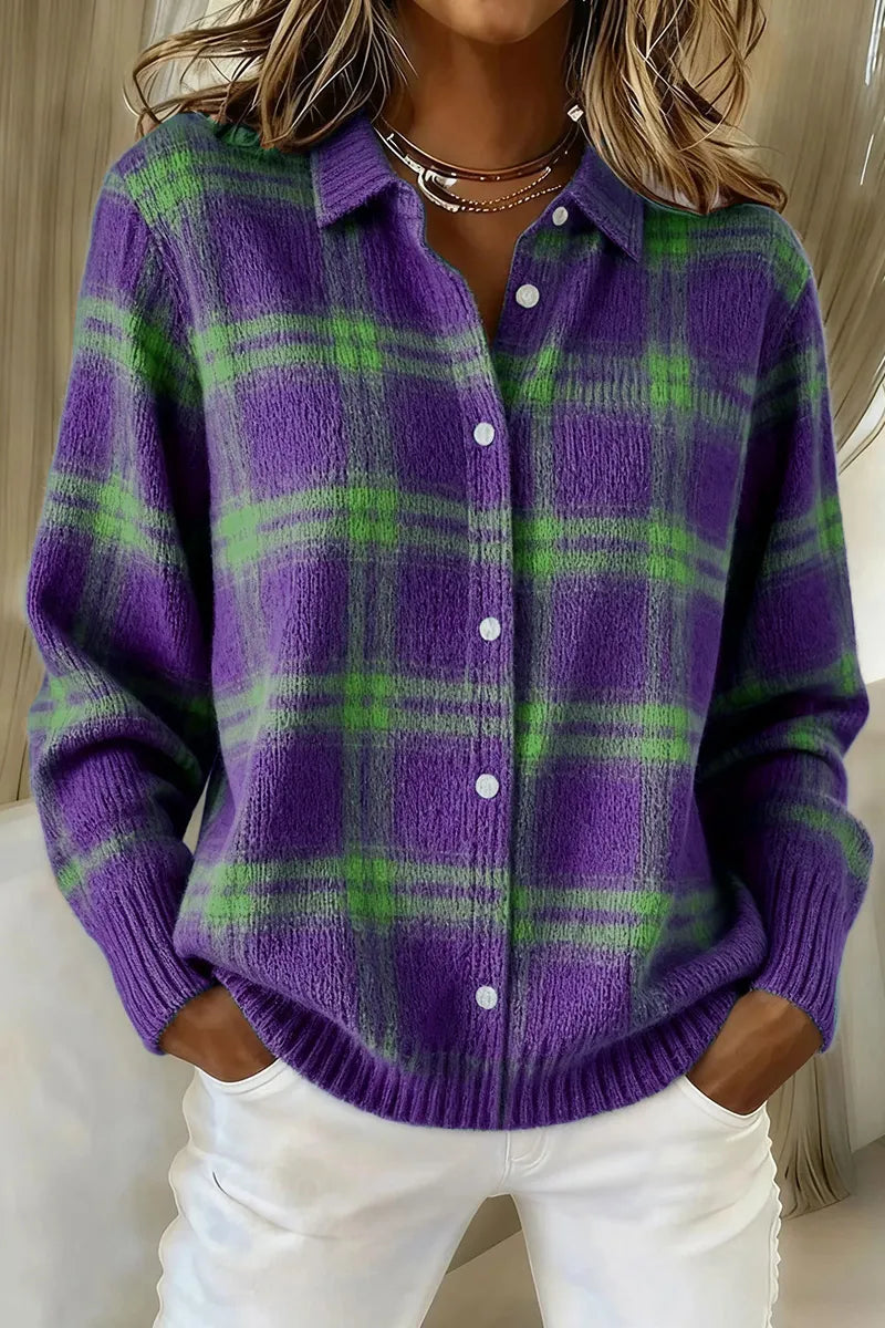 Cárdigan de cuadros para mujer con tapeta de botones