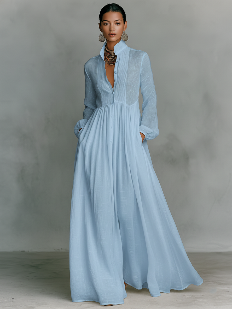 Vestido Maxi Minimalista de Algodón y Lino con Patchwork, Cuello Alto y Manga Larga - imagen 5