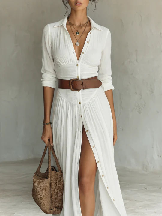 Vestido largo con cuello vuelto y mangas largas de lino para mujer