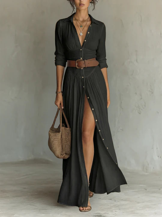 Vestido largo con cuello vuelto y mangas largas de lino para mujer
