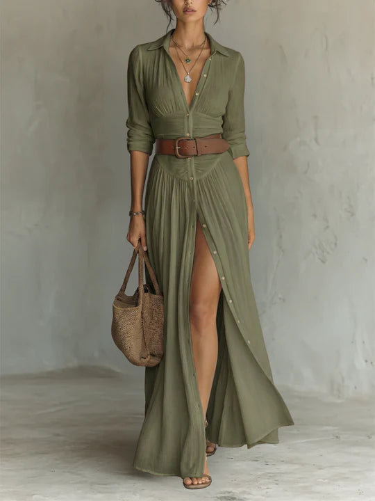 Vestido largo con cuello vuelto y mangas largas de lino para mujer
