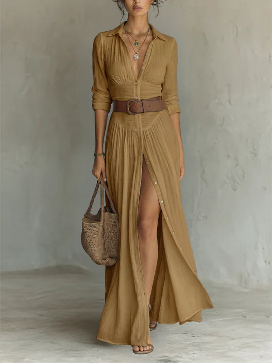 Vestido largo con cuello vuelto y mangas largas de lino para mujer