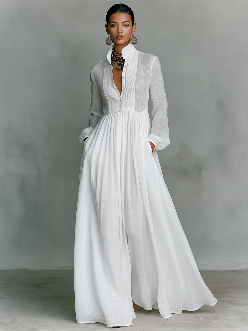 Vestido Maxi Minimalista de Algodón y Lino con Patchwork, Cuello Alto y Manga Larga - imagen 4