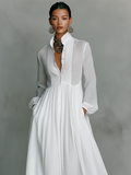 Vestido Maxi Minimalista de Algodón y Lino con Patchwork, Cuello Alto y Manga Larga - imagen 2