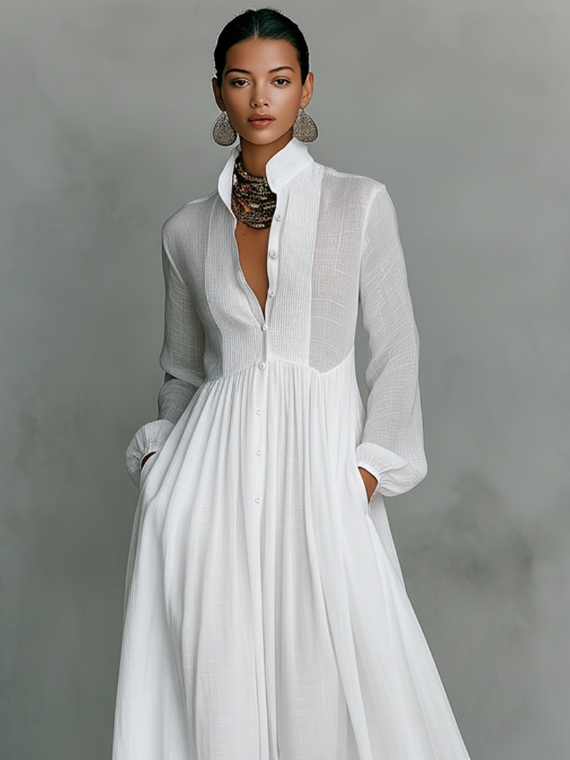 Vestido Maxi Minimalista de Algodón y Lino con Patchwork, Cuello Alto y Manga Larga - imagen 2