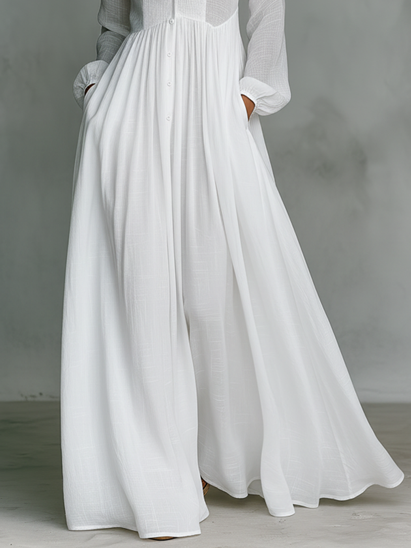 Vestido Maxi Minimalista de Algodón y Lino con Patchwork, Cuello Alto y Manga Larga - imagen 3
