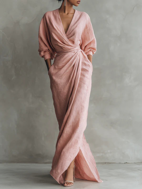 Minimalista Vestido con cuello en V en Mezcla de Lino Rosa para Mujer