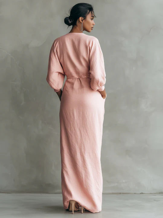 Minimalista Vestido con cuello en V en Mezcla de Lino Rosa para Mujer