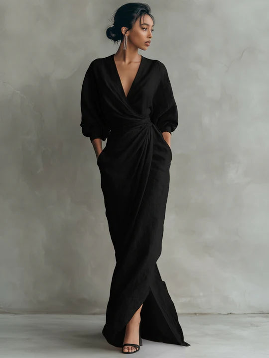 Minimalista Vestido con cuello en V en Mezcla de Lino Rosa para Mujer