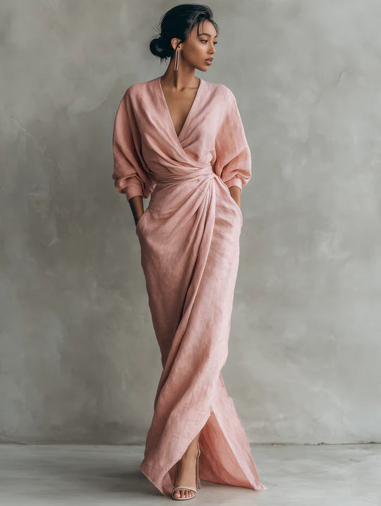 Minimalista Vestido con cuello en V en Mezcla de Lino Rosa para Mujer