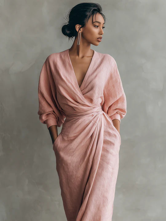 Minimalista Vestido con cuello en V en Mezcla de Lino Rosa para Mujer